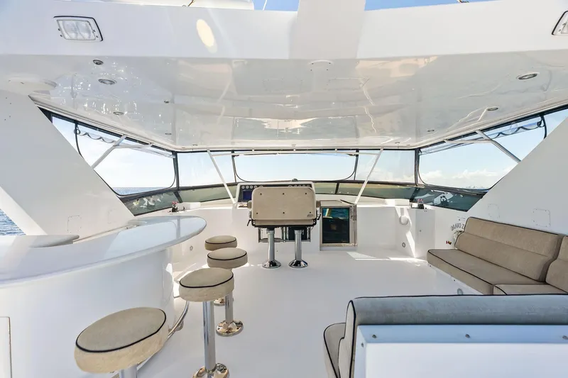 Bravo Zulu Yacht Photos Pics Luxurious 1997 Westship Raised Pilothouse Motor Yacht interior with seating and helm.