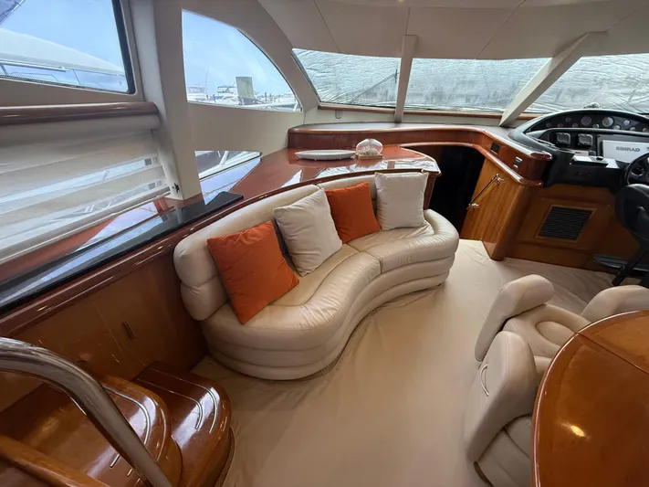 Sunshine Yacht Photos Pics Luxurious interior of 2004 Sunseeker Manhattan 64 yacht with plush seating and elegant design.