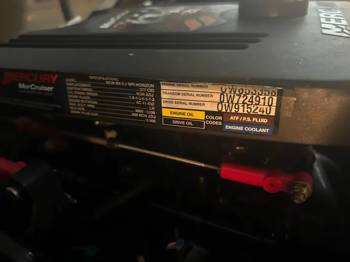  Yacht Photos Pics Close-up of a 2007 Formula 31 PC engine label with specifications and serial numbers.