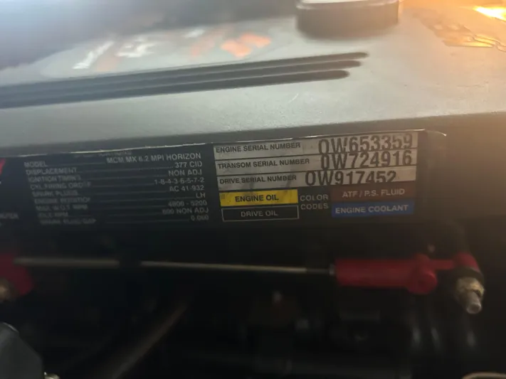  Yacht Photos Pics Close-up of a 2007 Formula 31 PC engine serial number label.