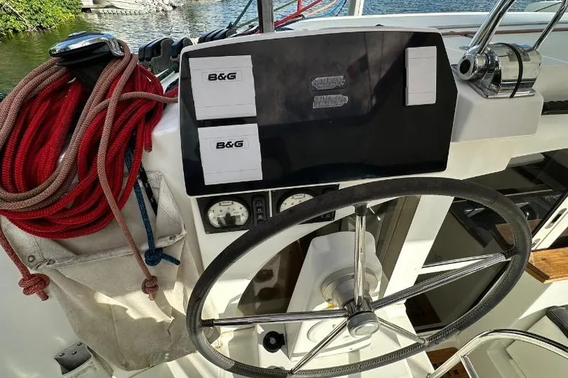 Nacrite Yacht Photos Pics Steering wheel and navigation equipment on 2018 Lagoon 380 catamaran.