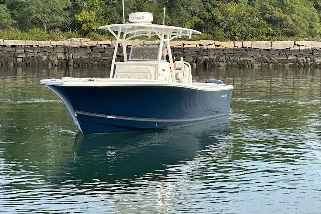 Resolute Yacht Photos Pics 2017 Regulator 31 boat on calm water near rocky shoreline.