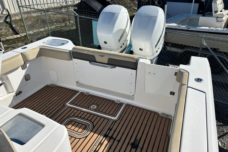  Yacht Photos Pics 2020 Tidewater 320 CC Adventure boat with twin outboard engines and teak flooring.
