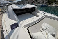 2019 Leopard 40 catamaran docked, featuring spacious deck and netting area.