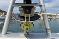 Close-up of a 2019 Leopard 40 genoa furling system with rope, docked in a marina.