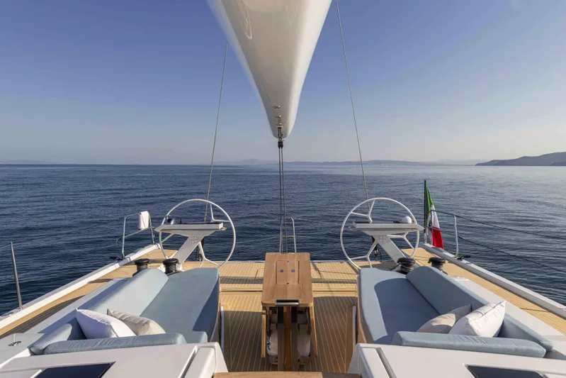  Yacht Photos Pics Luxurious Grand Soleil 52 Performance yacht deck, 2025 model, with ocean view and elegant seating.