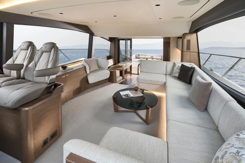  Yacht Photos Pics Luxurious interior of 2026 Princess F58 yacht with elegant seating and panoramic ocean views.