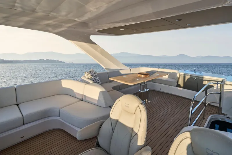  Yacht Photos Pics Luxurious 2026 Princess F58 yacht deck with elegant seating and ocean view.