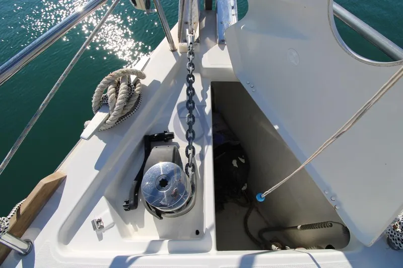 A Yacht Photos Pics Anchor locker of 2018 Beneteau Oceanis 45 sailboat with chain and rope.