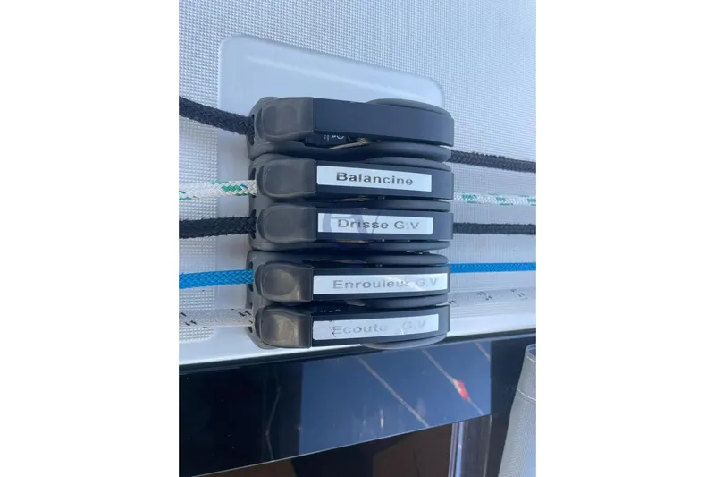 A Yacht Photos Pics Beneteau Oceanis 45 sailboat control lines labeled for easy navigation, 2018 model.