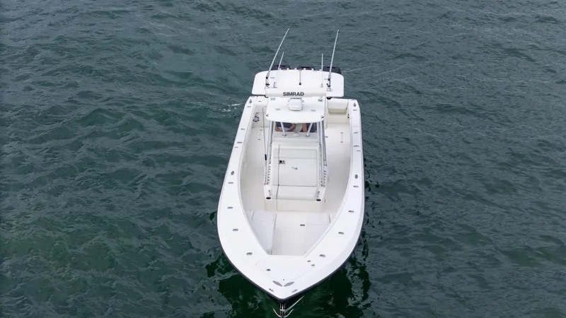  Yacht Photos Pics 2015 SeaVee 340Z boat on open water, aerial view.