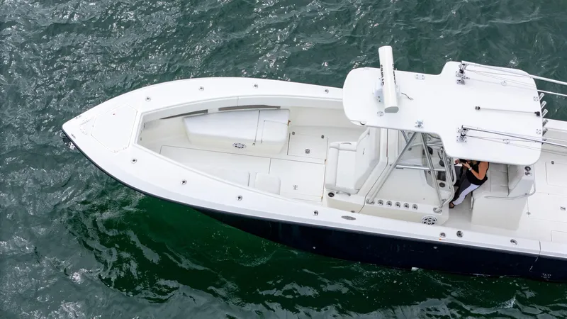  Yacht Photos Pics Aerial view of 2015 SeaVee 340Z boat on water.