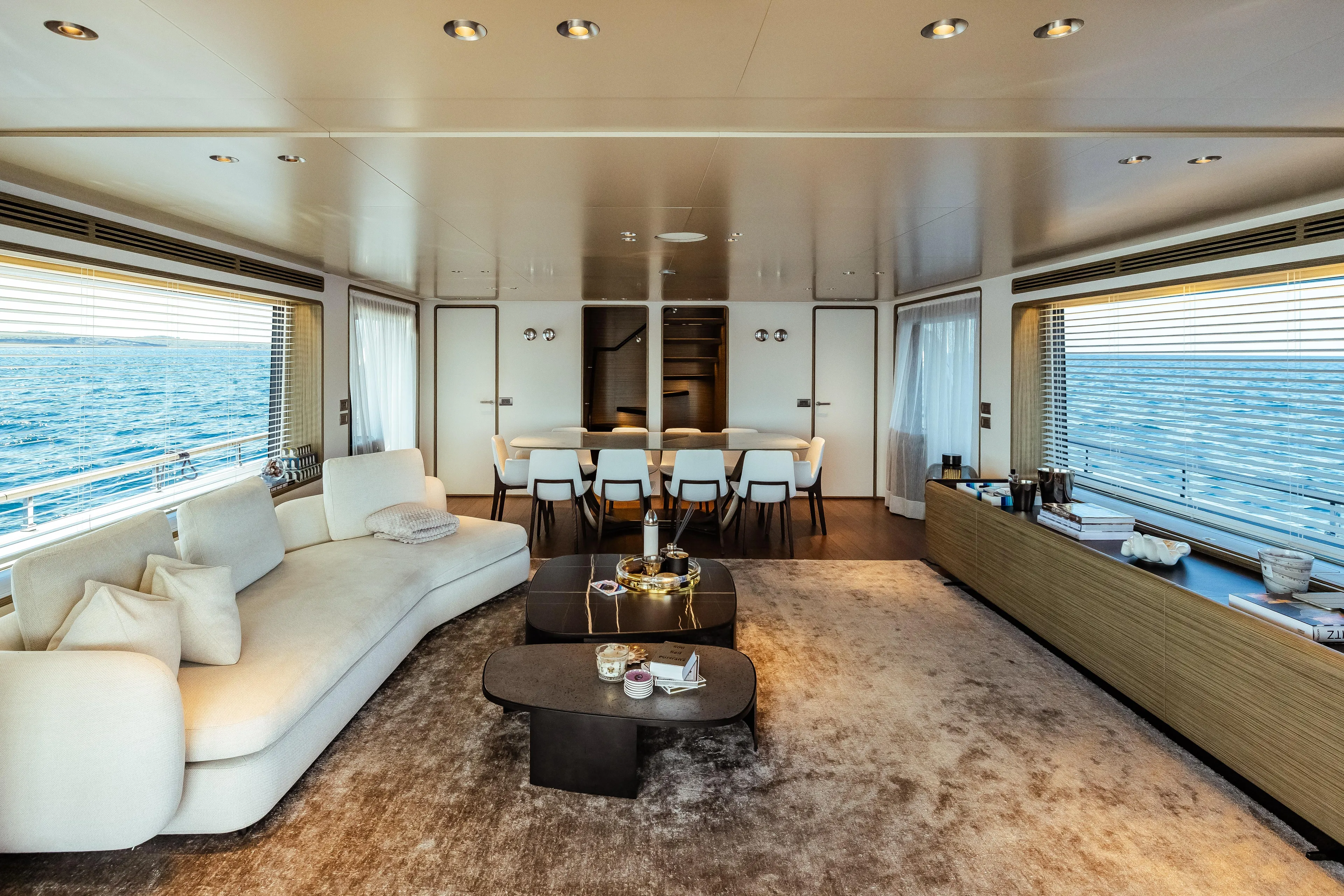  Yacht Photos Pics Luxurious interior of 2022 Custom Line Navetta 30 yacht with ocean view.