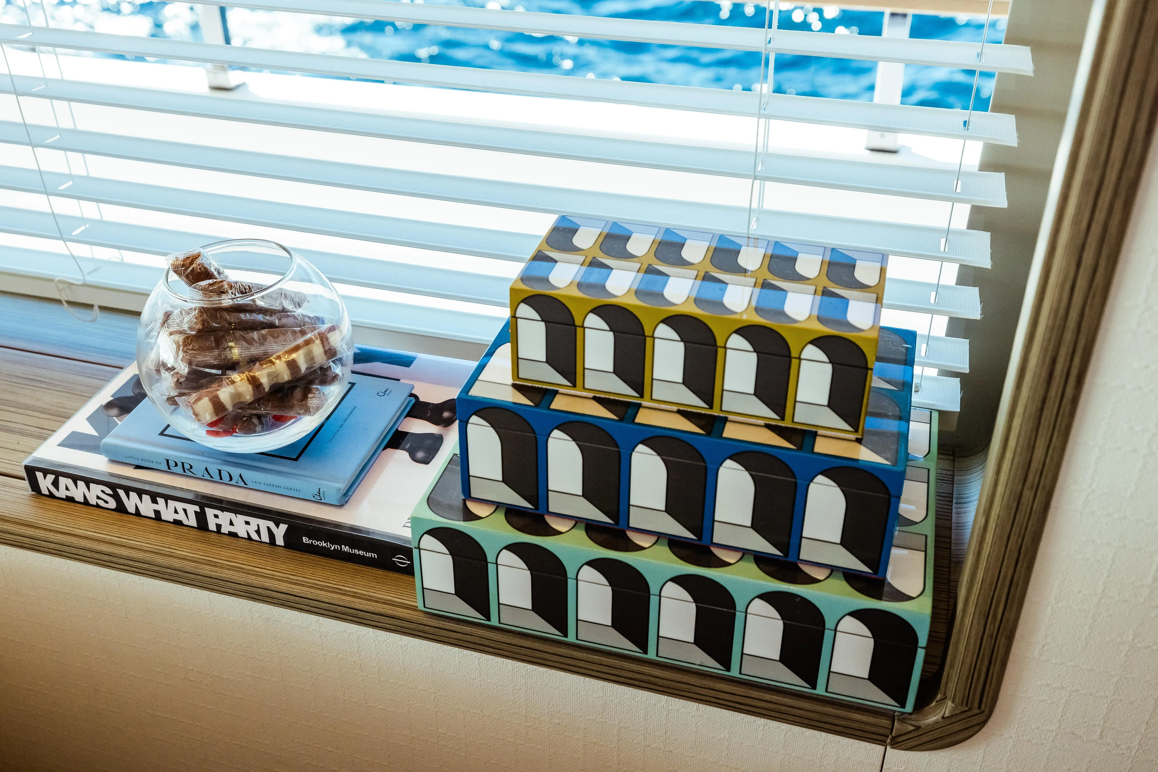  Yacht Photos Pics Decorative boxes and books on Custom Line Navetta 30 yacht, 2022, with ocean view.