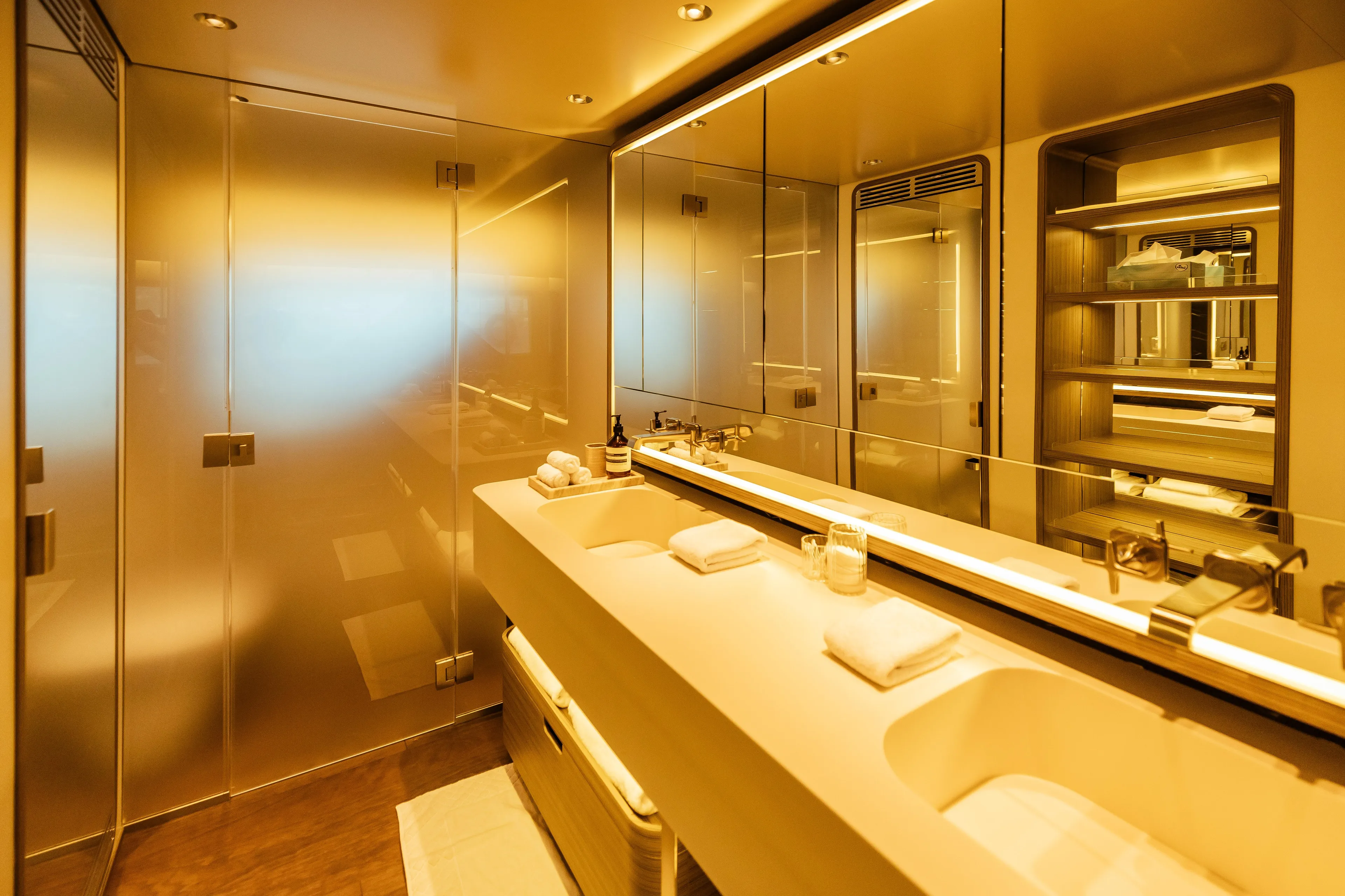 Luxurious bathroom interior on 2022 Custom Line Navetta 30 yacht, featuring modern design and amenities.