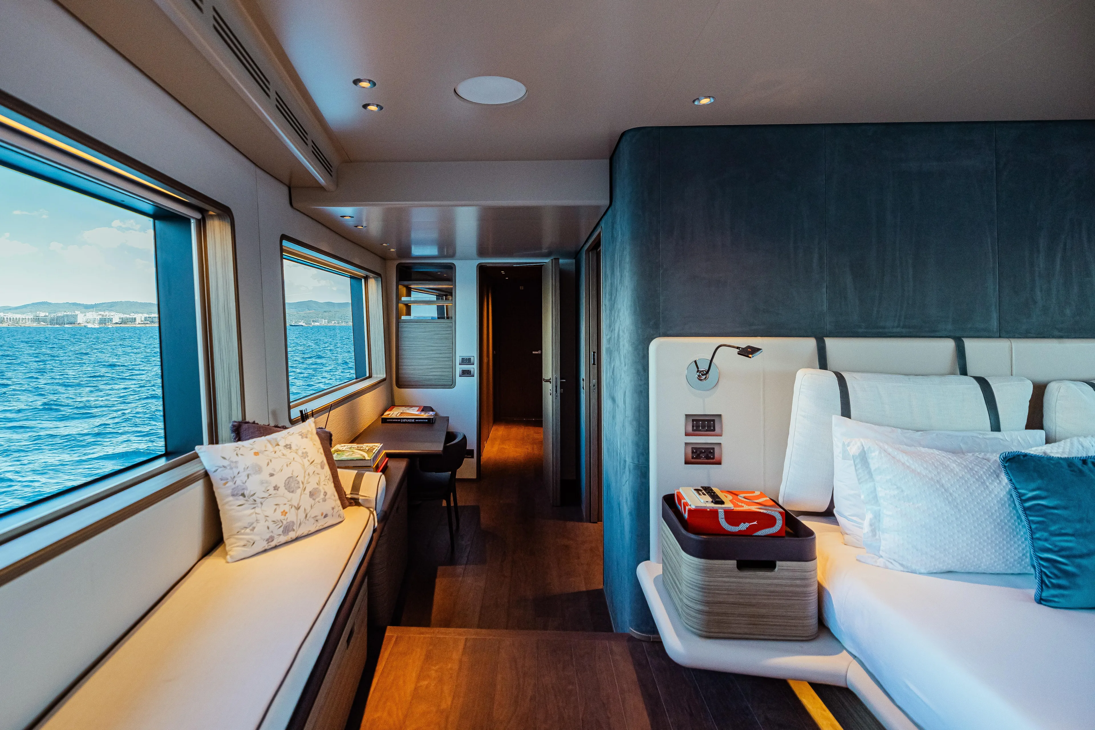  Yacht Photos Pics Luxurious 2022 Custom Line Navetta 30 yacht interior with ocean view and elegant furnishings.