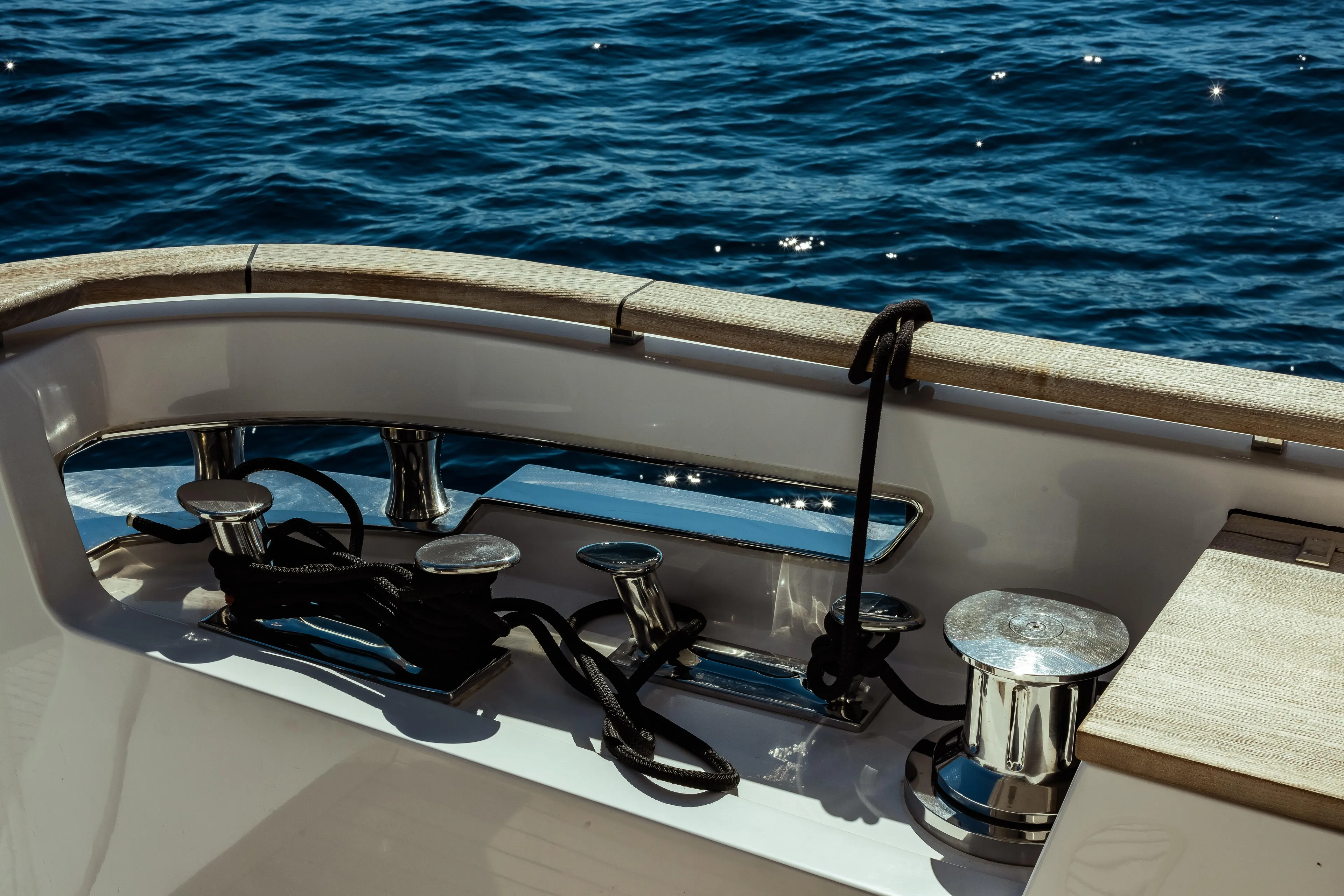  Yacht Photos Pics Luxury yacht Custom Line Navetta 30, 2022 model, deck view with ocean backdrop.