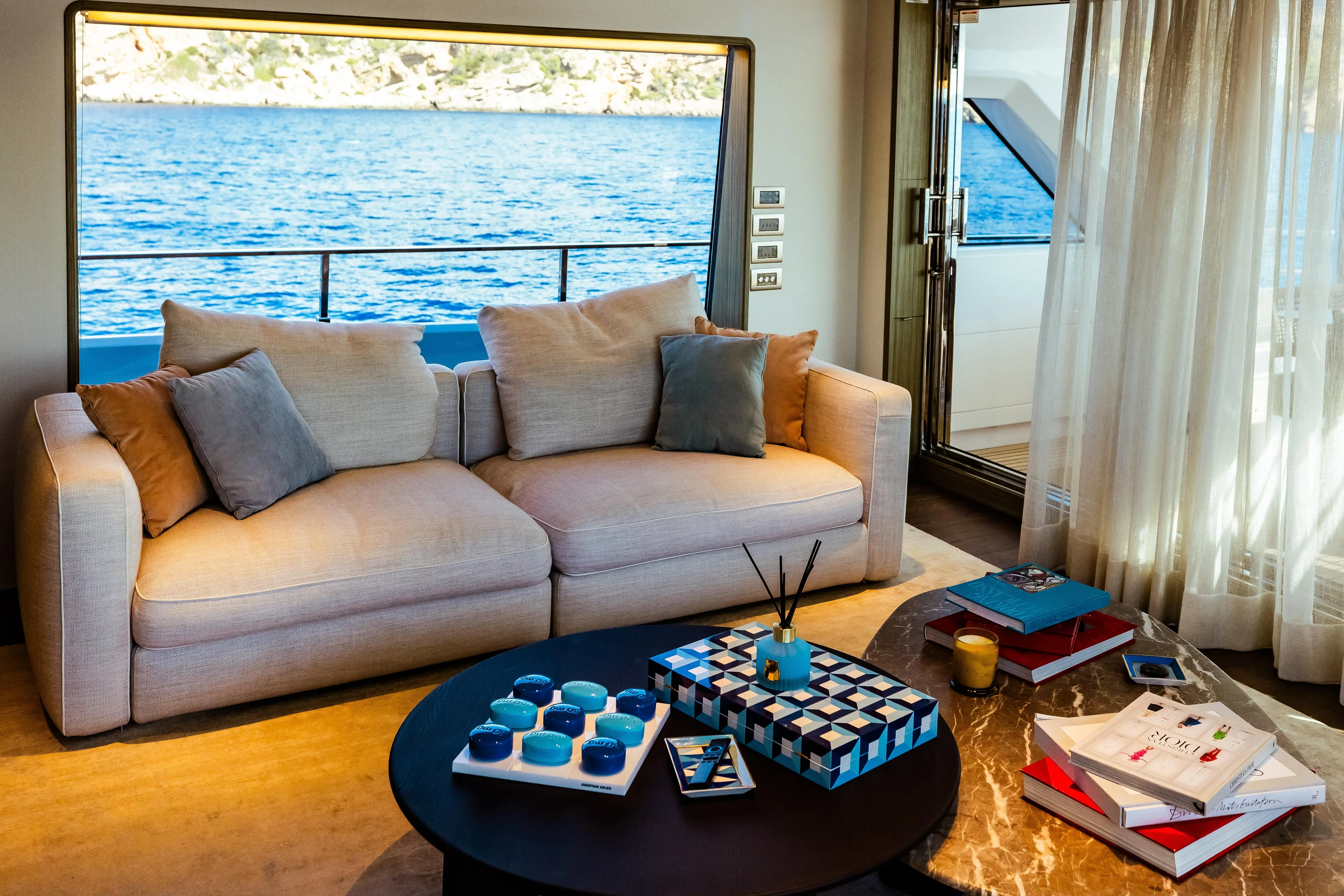  Yacht Photos Pics Luxurious interior of 2022 Custom Line Navetta 30 yacht with ocean view.