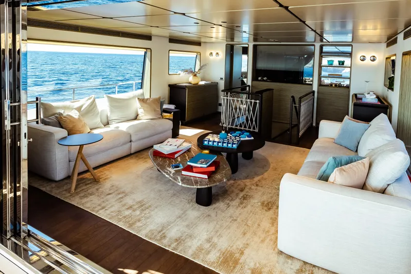  Yacht Photos Pics Luxurious interior of 2022 Custom Line Navetta 30 yacht with ocean view.