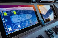 Control panel of 2022 Custom Line Navetta 30 yacht with navigation displays.