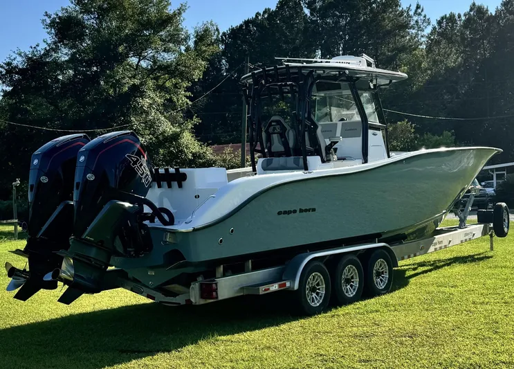  Yacht Photos Pics 2023 Cape Horn 34Xs boat on a trailer with twin outboard engines.