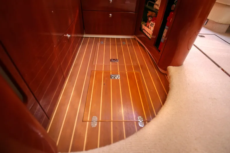  Yacht Photos Pics Interior of 2008 Fairline Targa 52 GT yacht with polished wooden flooring.