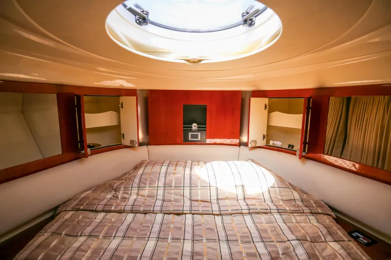  Yacht Photos Pics Luxurious cabin interior of 2008 Fairline Targa 52 GT yacht with skylight.