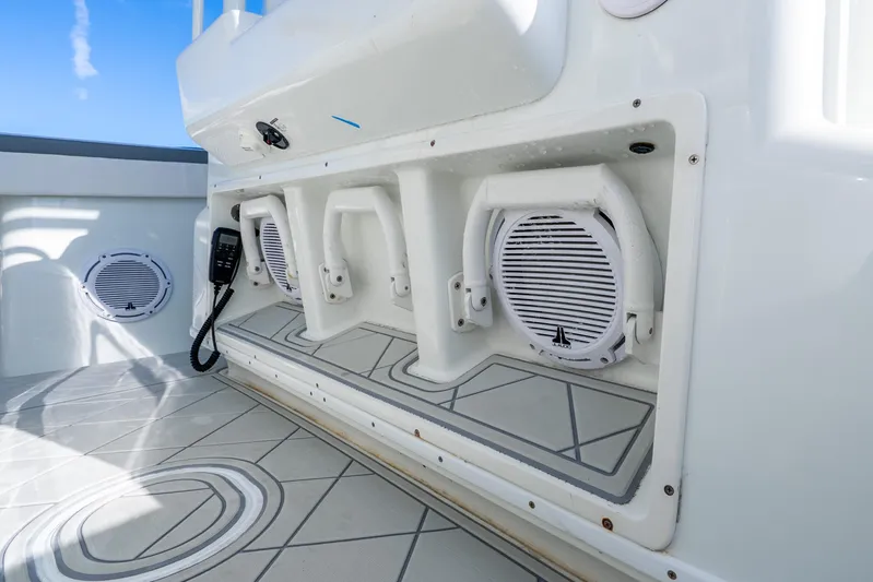  Yacht Photos Pics 2015 Yellowfin 42 Offshore boat interior with speakers and modern design.