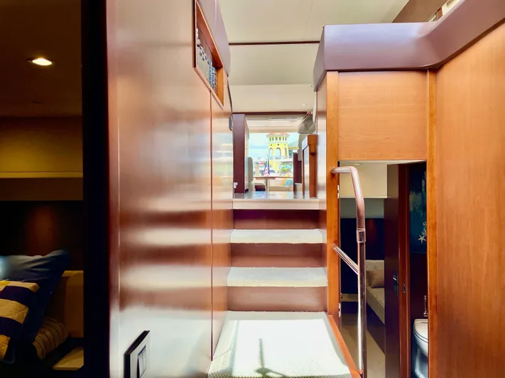  Yacht Photos Pics Interior of 2015 Princess f56 yacht with wooden stairs and modern design.