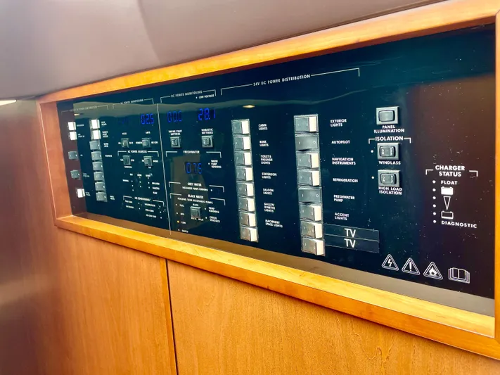  Yacht Photos Pics Control panel of a 2015 Princess f56 yacht, featuring various switches and indicators.