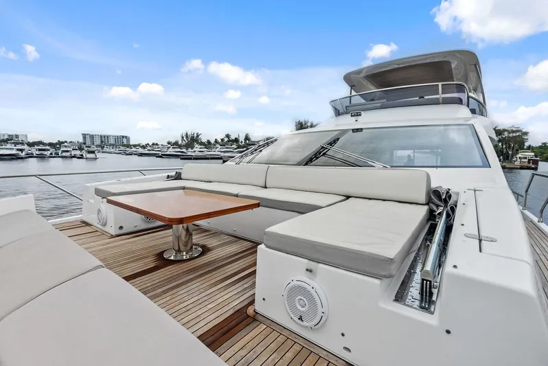 Class Dismissed Yacht Photos Pics 2017 Azimut 72 Flybridge yacht with spacious deck seating and table, docked at marina.
