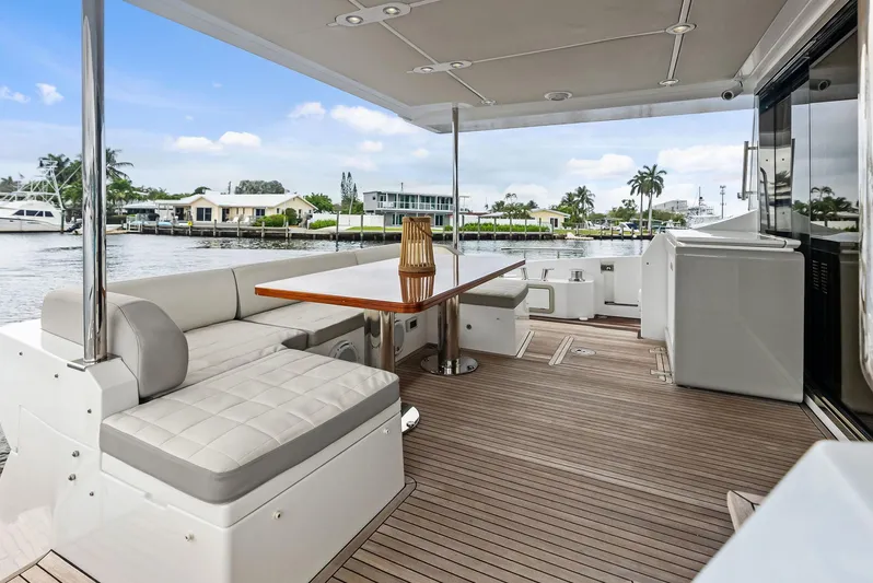 Class Dismissed Yacht Photos Pics Azimut 72 Flybridge 2017 yacht deck with seating and table, overlooking waterfront homes.