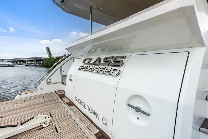 Class Dismissed Yacht Photos Pics Azimut 72 Flybridge 2017 yacht docked, featuring "Class Dismissed" nameplate, George Town CI.