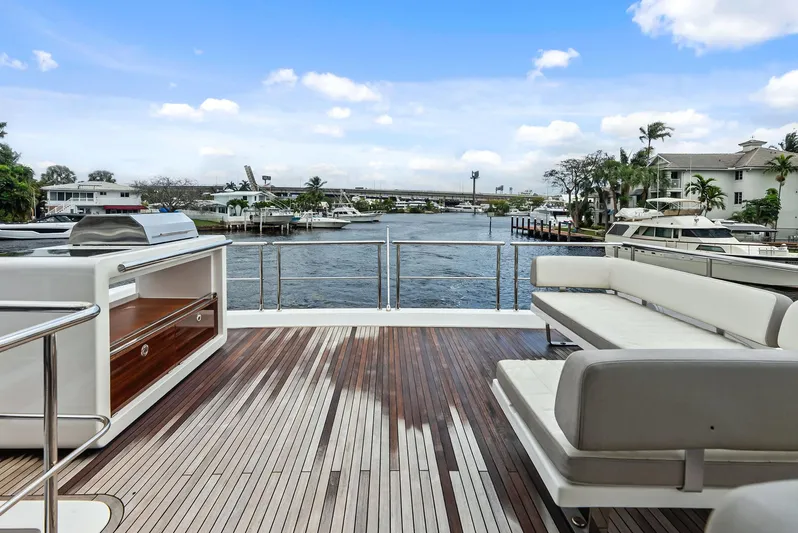 Class Dismissed Yacht Photos Pics Azimut 72 Flybridge 2017 yacht deck with seating and waterfront view.
