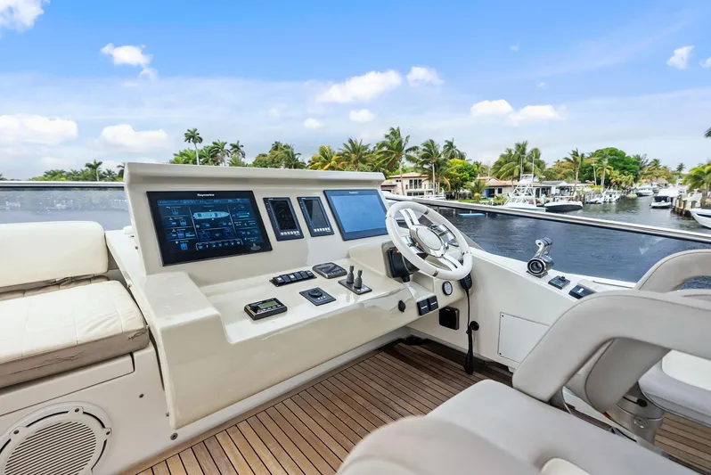 Class Dismissed Yacht Photos Pics 2017 Azimut 72 Flybridge yacht helm with modern controls and waterfront view.