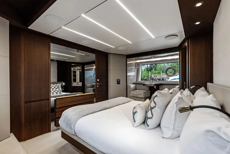 Class Dismissed Yacht Photos Pics Luxurious bedroom interior of 2017 Azimut 72 Flybridge yacht with modern design.
