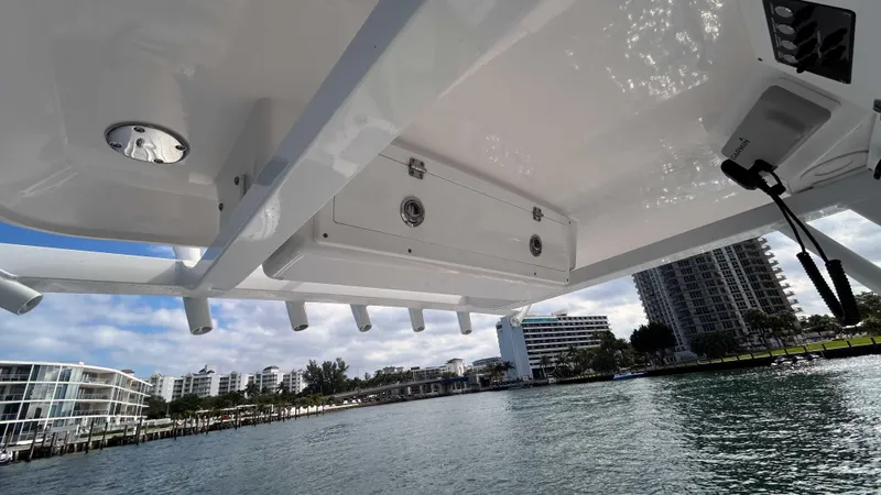  Yacht Photos Pics 2024 Sea Fox 268 Commander boat with city skyline in the background.