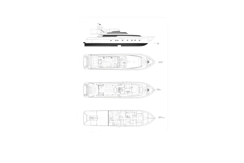  Yacht Photos Pics Blueprint of 2010 Sanlorenzo SL108 yacht, showcasing side and top views.