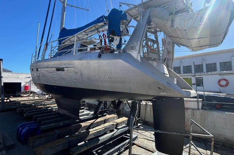 Gabsi Yacht Photos Pics Custom Southwell 51 sailboat, 2022 model, docked for maintenance in a shipyard.