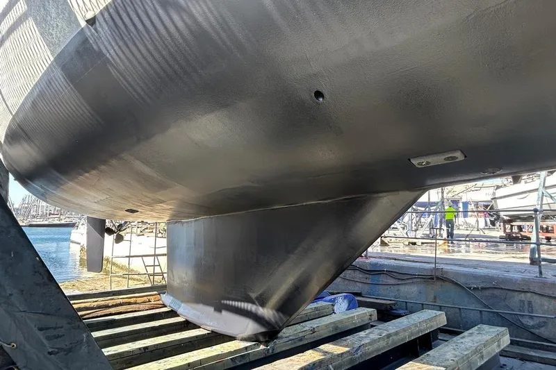 Gabsi Yacht Photos Pics Custom Southwell 51 yacht hull, 2022 model, on dry dock for maintenance.