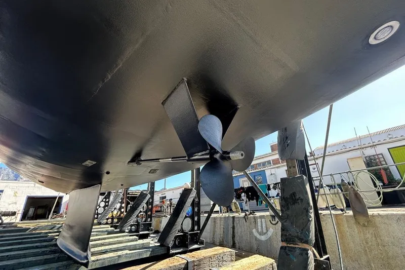 Gabsi Yacht Photos Pics Underwater view of 2022 Custom Southwell 51 yacht propeller in dry dock.