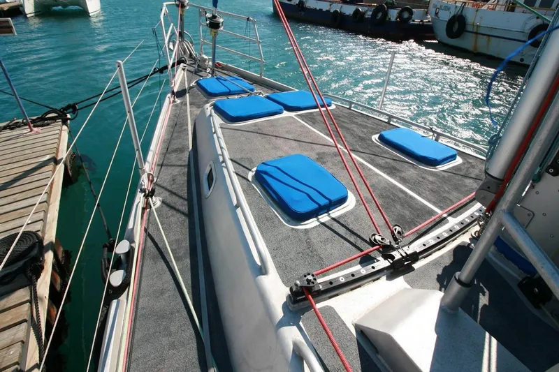Gabsi Yacht Photos Pics Custom Southwell 51 sailboat deck with blue hatches, docked in sunny marina, 2022 model.