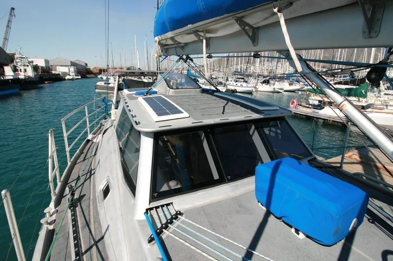 Gabsi Yacht Photos Pics Sailboat docked in marina, Custom Southwell 51, 2022 model, with solar panel on deck.