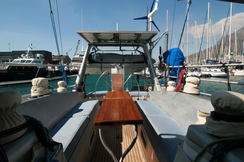 Gabsi Yacht Photos Pics Custom Southwell 51 yacht interior, 2022 model, docked in a marina with clear skies.