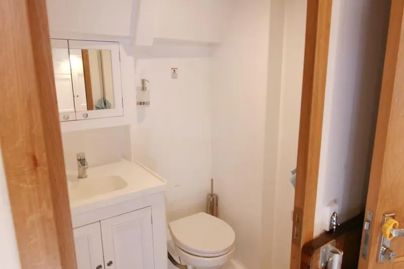 Gabsi Yacht Photos Pics Compact bathroom with white fixtures, mirror cabinet, and wooden door in a 2022 Custom Southwell 51.