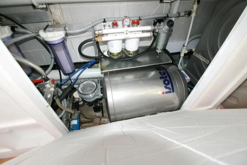 Gabsi Yacht Photos Pics Engine room of 2022 Custom Southwell 51 yacht with Isotemp water heater and filtration system.