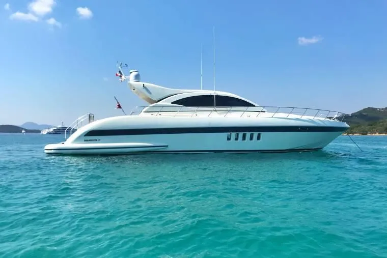  Yacht Photos Pics 2003 Mangusta 72 yacht on turquoise water under clear blue sky.