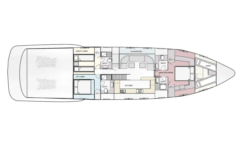  Yacht Photos Pics Floor plan of a 2003 Mangusta 72 yacht, featuring cabins, kitchen, and living room layout.