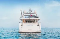 Luxury yacht "Maestro" on open sea, Custom Line 112, 2007 model.