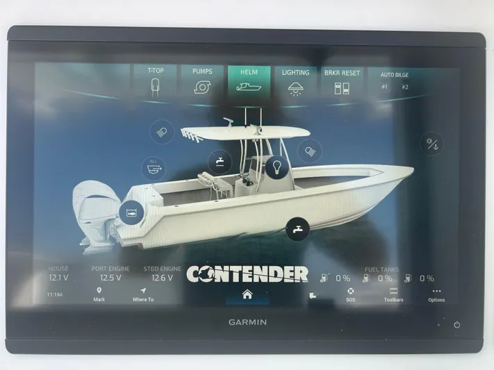  Yacht Photos Pics Garmin display showing 2025 Contender 30 ST boat controls and status interface.